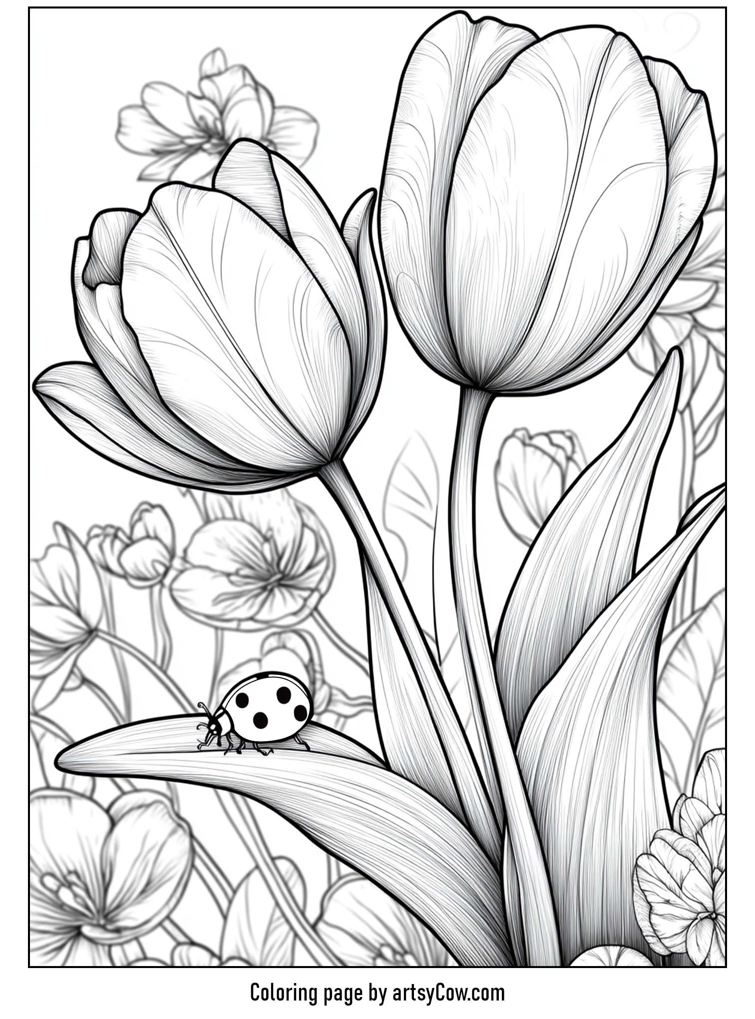 Tulip Coloring Pages featuring a ladybug resting on a tulip leaf amidst a garden of tulips.